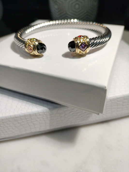 Onyx and multicolor stone gold and silver plated cuff bracelet