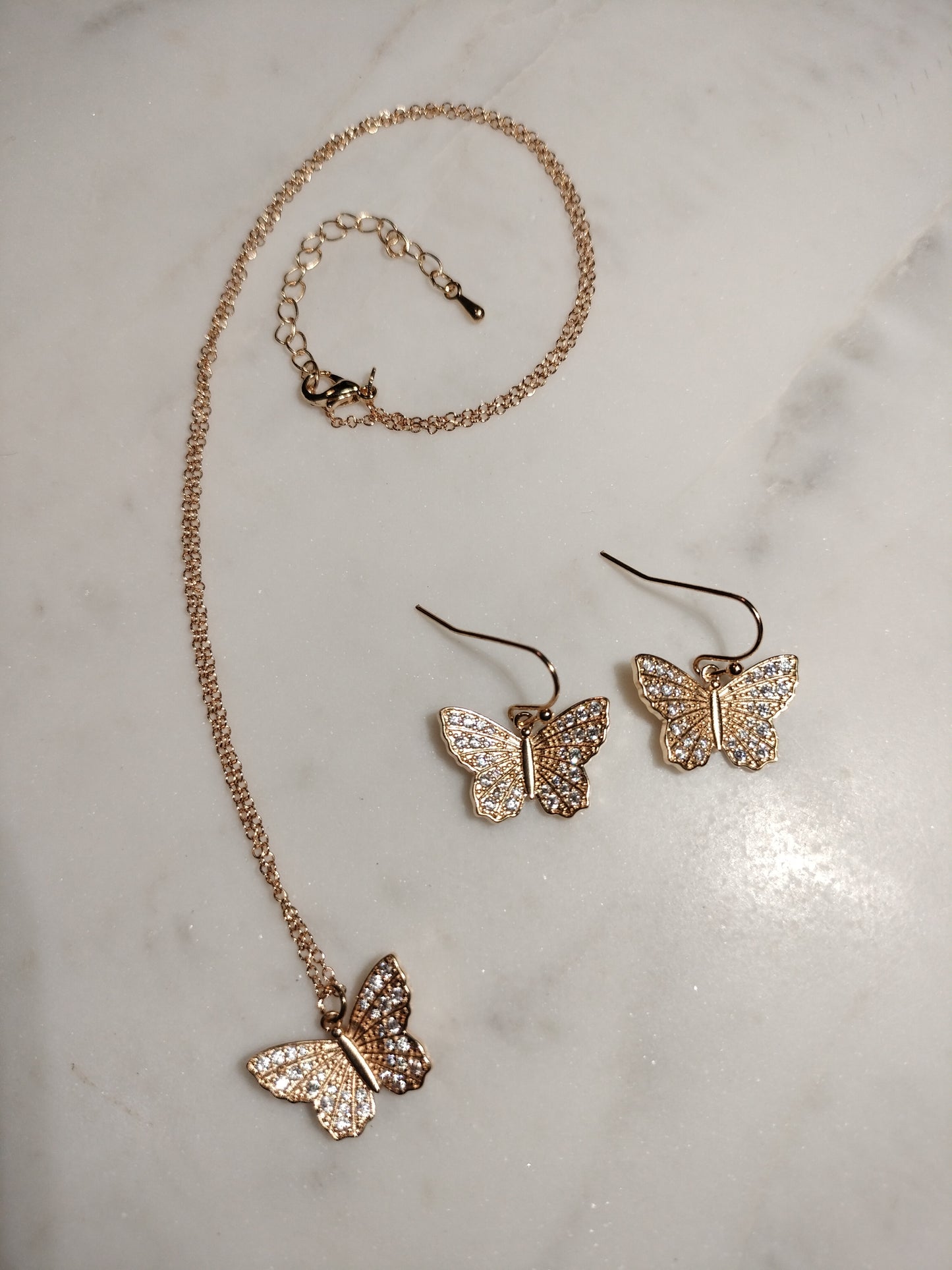 Gold plated cubic zirconia Butterfly necklace and earring set