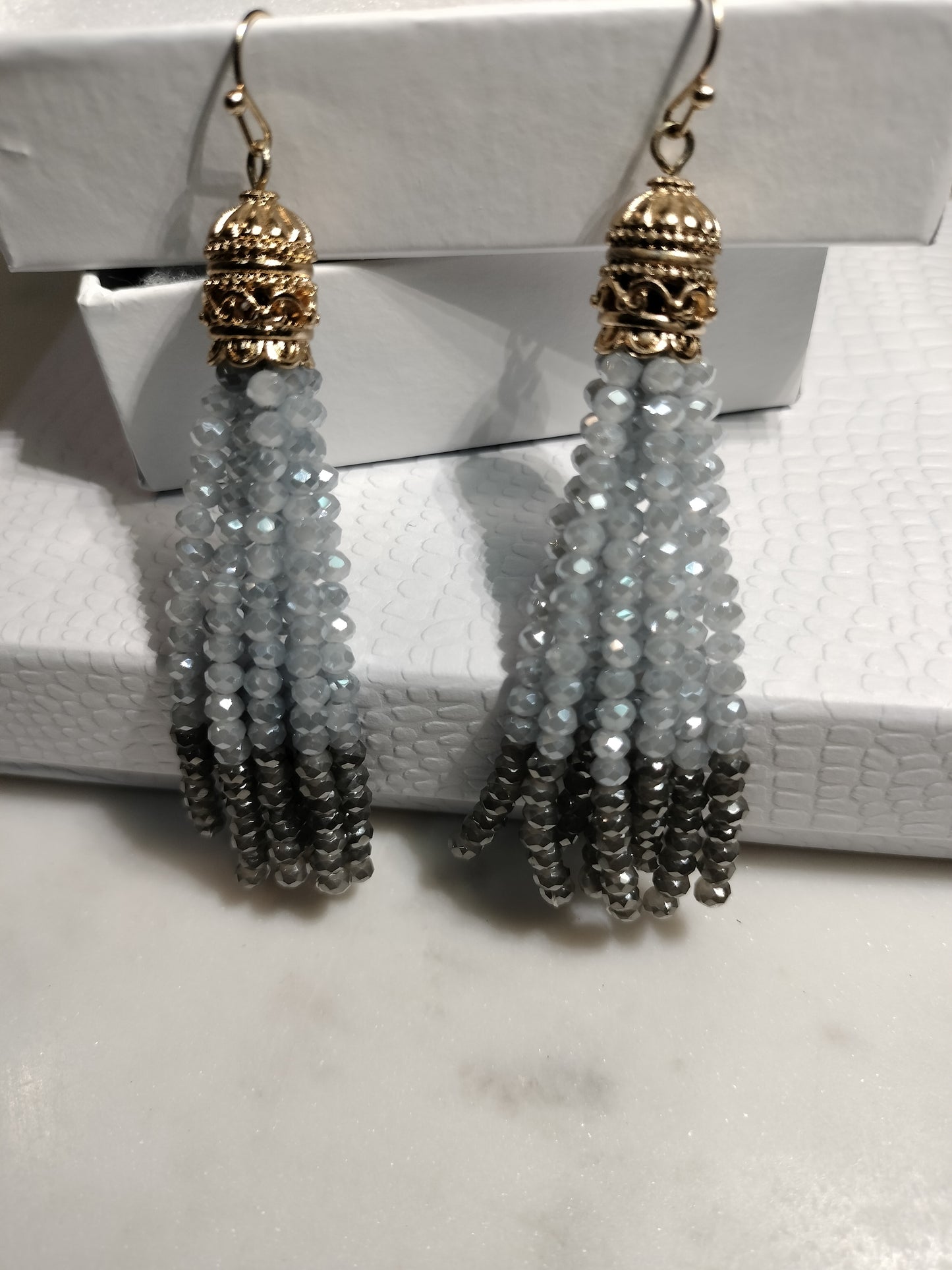 Gray two toned beaded tassel earrings