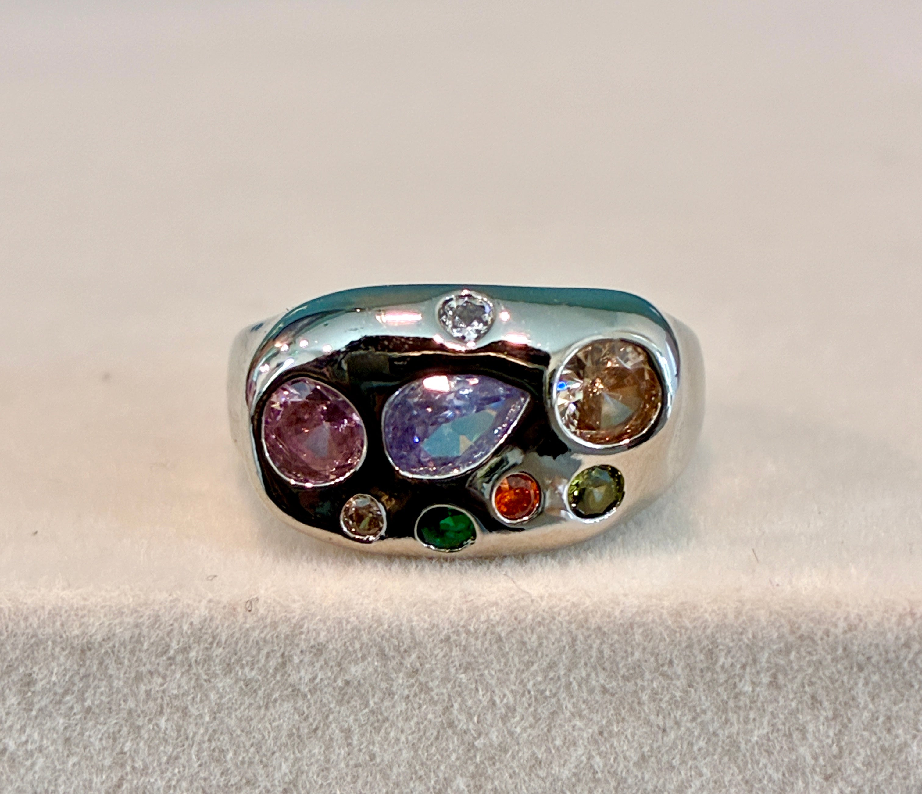 Silver crystal cluster ring