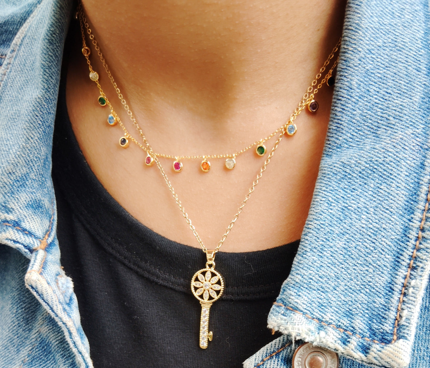 Floral key necklace. 18K triple gold plated stainless steel.