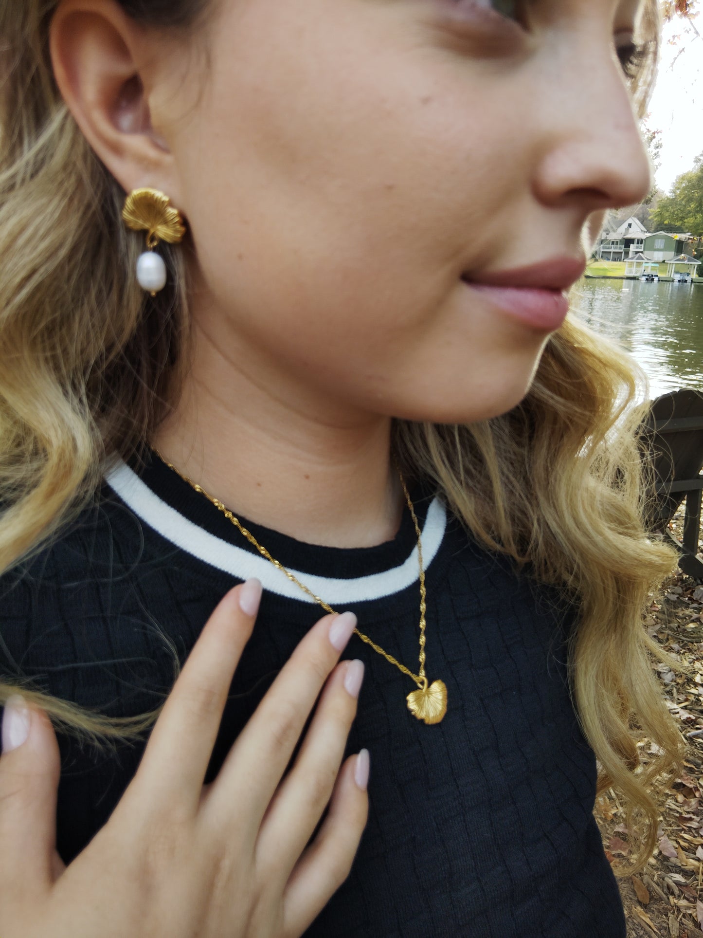 Dainty leaf earrings and necklace set. 18K gold triple plated stainless steel.