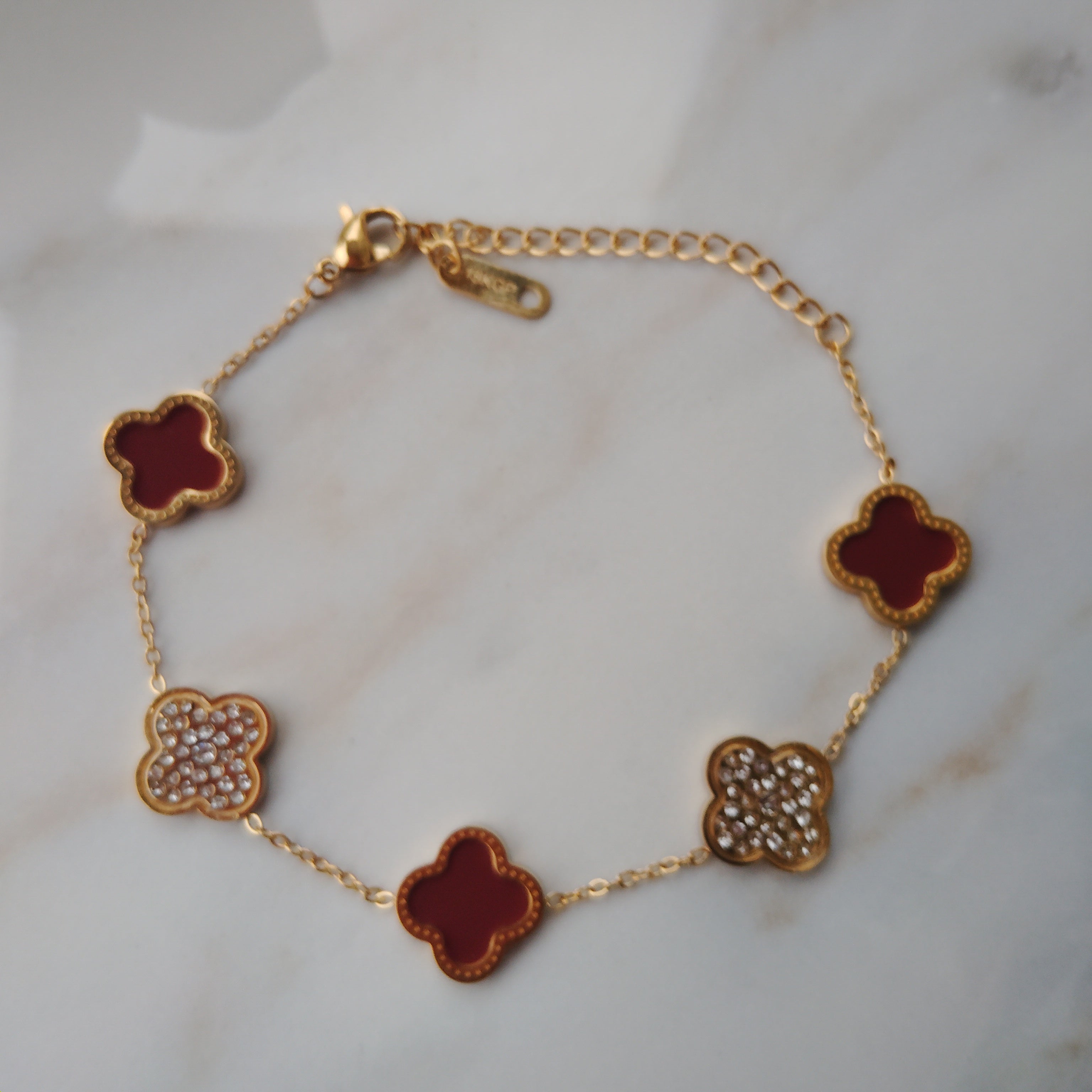 18K Gold PVD plated stainless steel red flower diamond bracelet.
