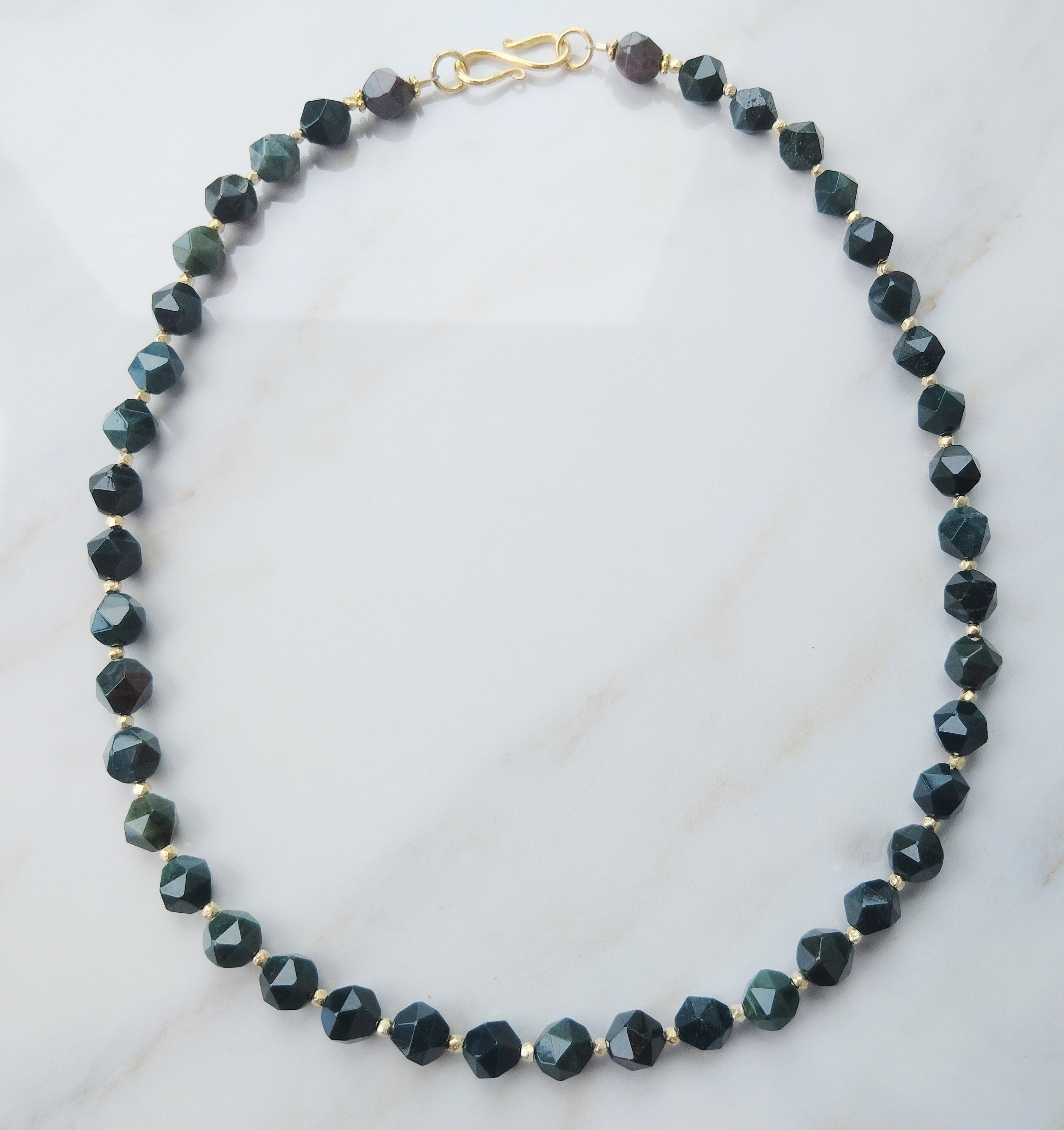Handcrafted Gold vermmeil and diamond cut Jasper beaded necklace with a gold vermmeil toggle clasp.17 inches .