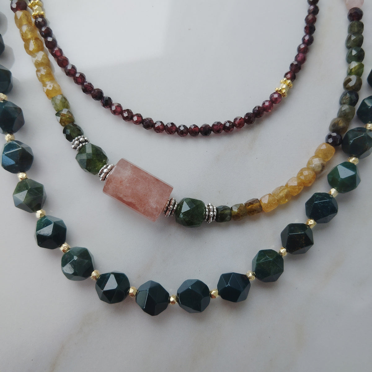 Handcrafted Gold vermmeil and diamond cut Jasper beaded necklace with a gold vermmeil toggle clasp.17 inches .