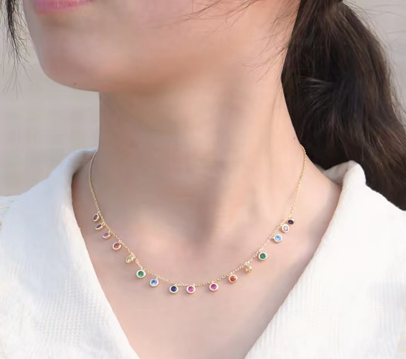 925 Sterling silver, 18 karat gold plated multicolor cubic zirconia necklace