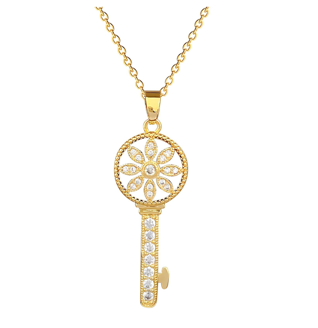 Floral key necklace. 18K triple gold plated stainless steel.