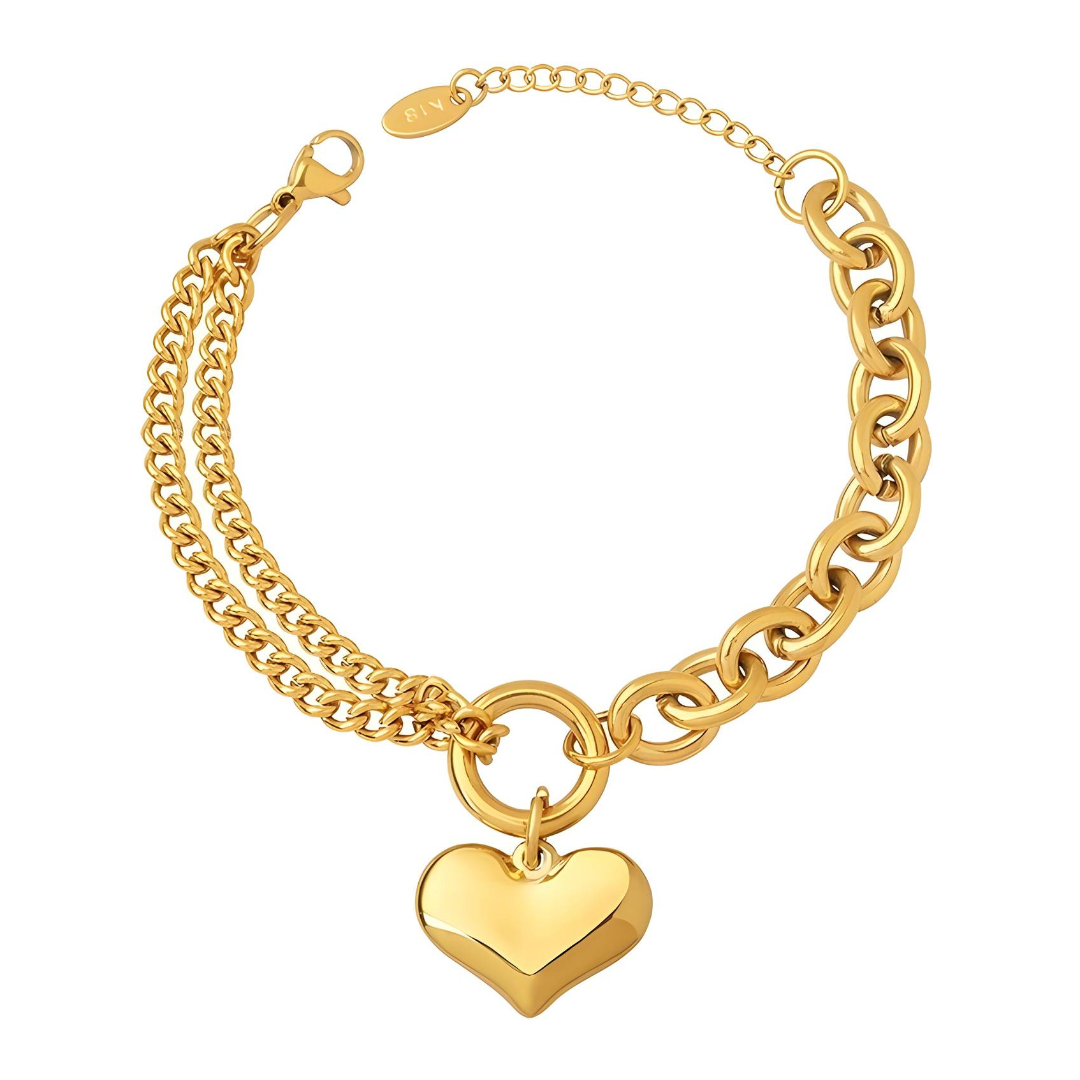 Puff heart in chains bracelet. 18K gold triple plated stainless steel.
