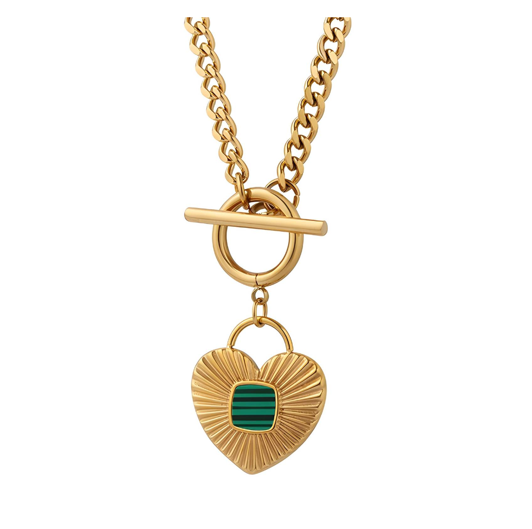 Striped heart with green enamel toggle necklace.18K triple gold plated stainless steel.High quality.