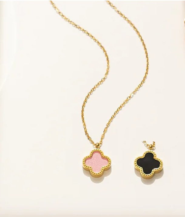 18k Gold PVD plated stainless steel pink flower necklace reversible to black