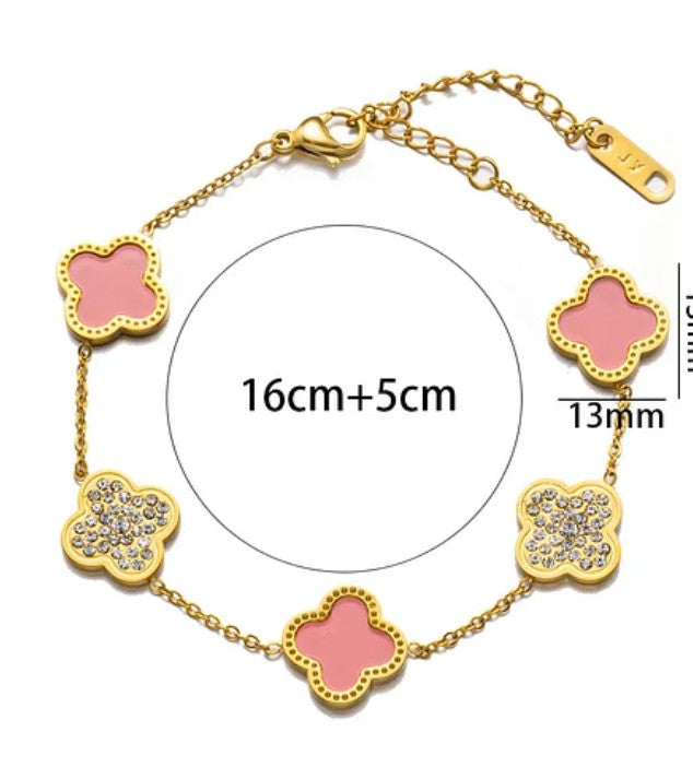 18K gold PVD plated stainless steel pink flower diamond bracelet.