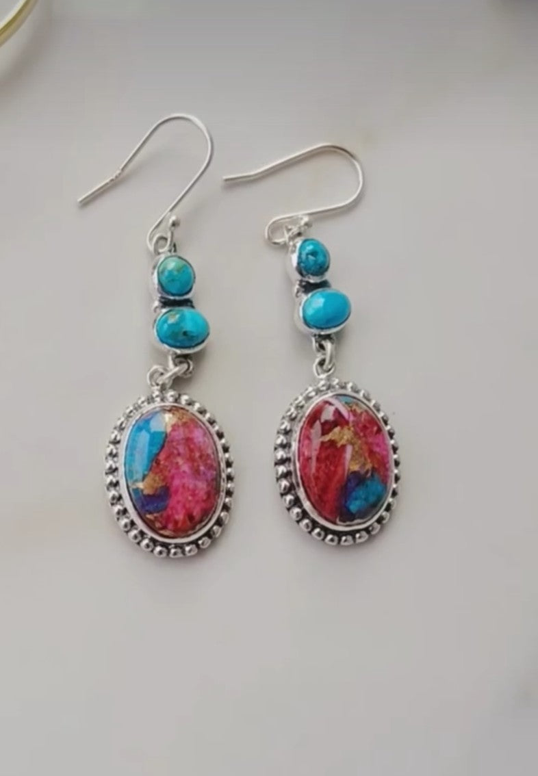 925 Sterling silver pink oyster copper turquoise earrings
