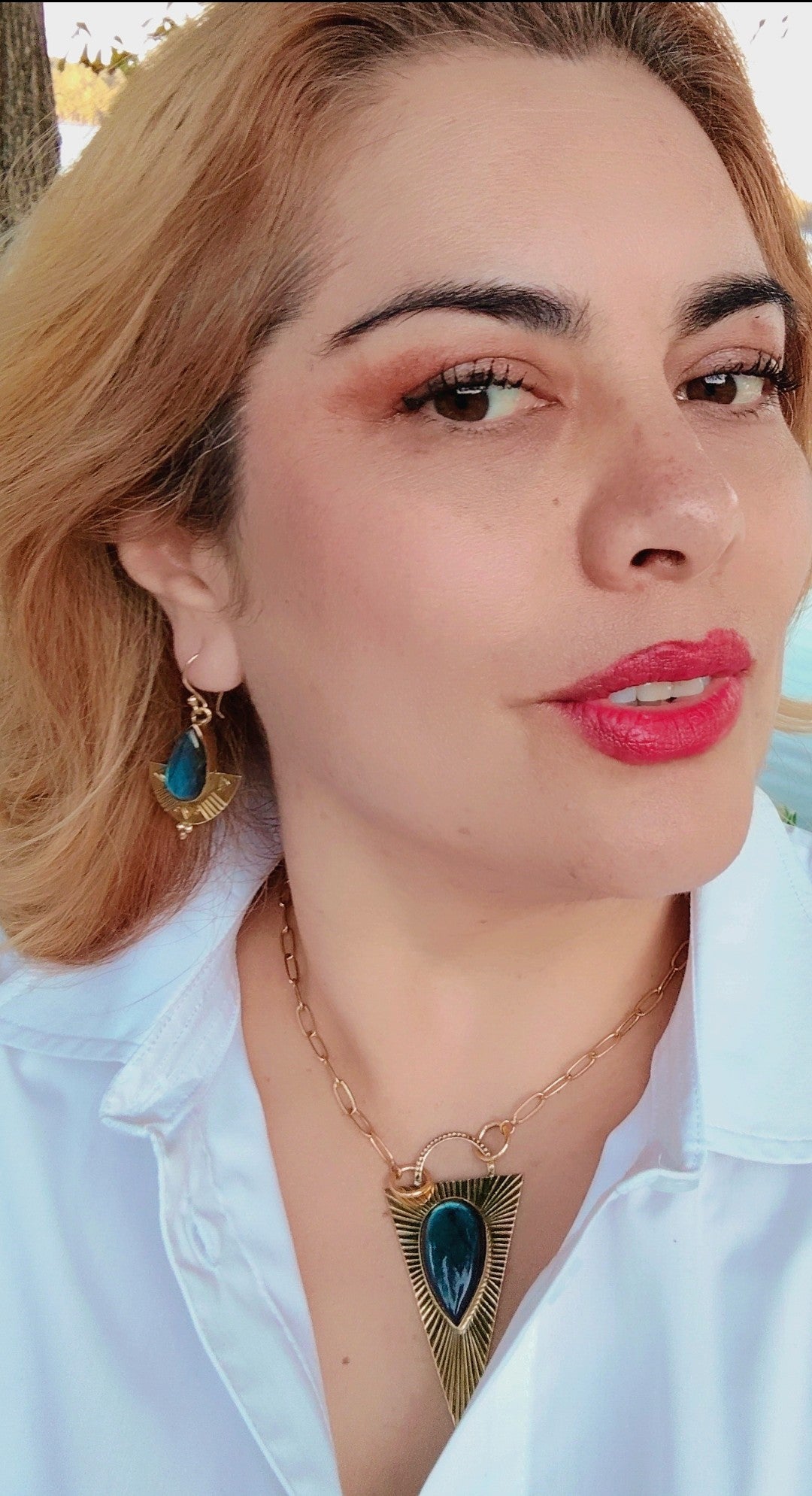 Brass Etched Labradorite Shield Earrings