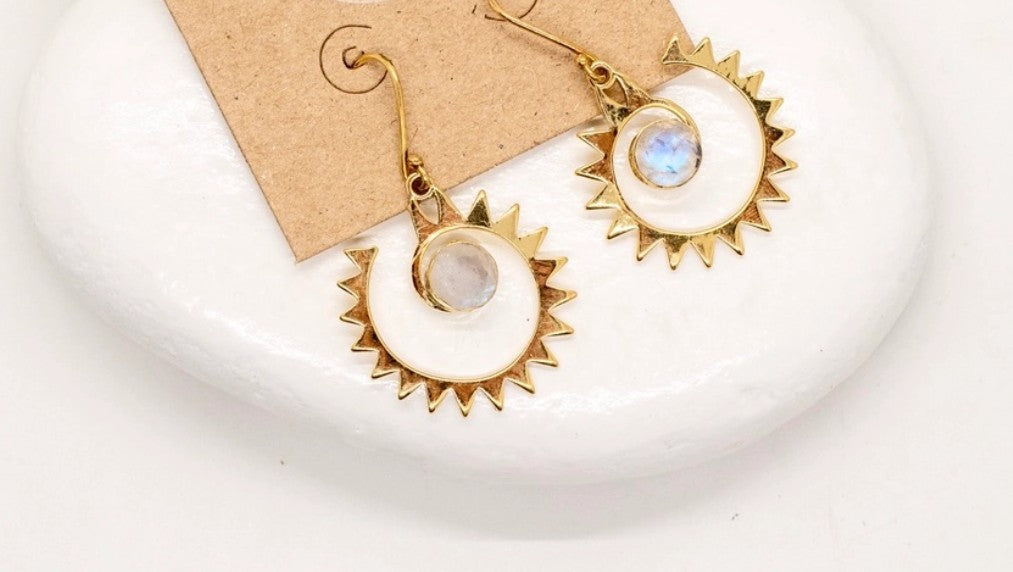 Moonstone and Brass Sun Earrings