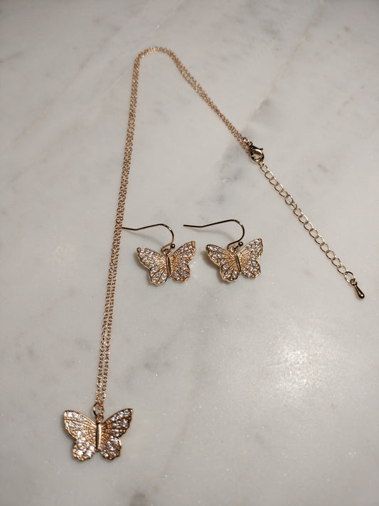 Gold plated cubic zirconia Butterfly necklace and earring set