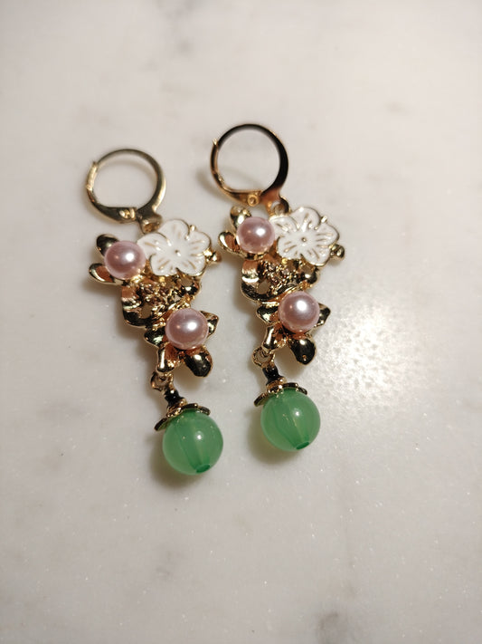 Floral pink pearl and jade inspired earrings