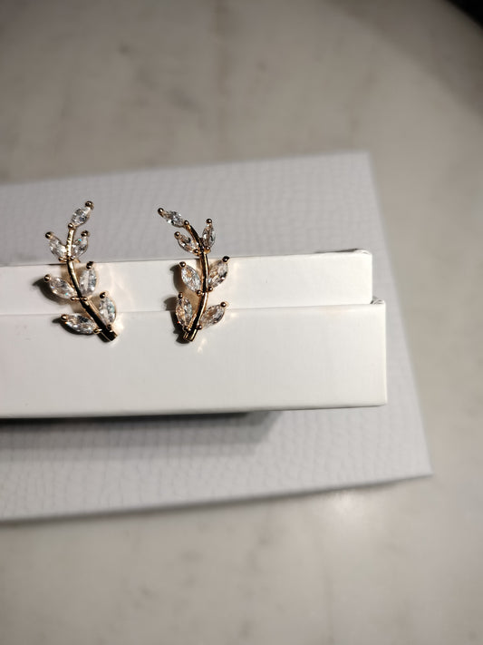 Cubic zirconia budding leaves earrings 14 karat gold plated
