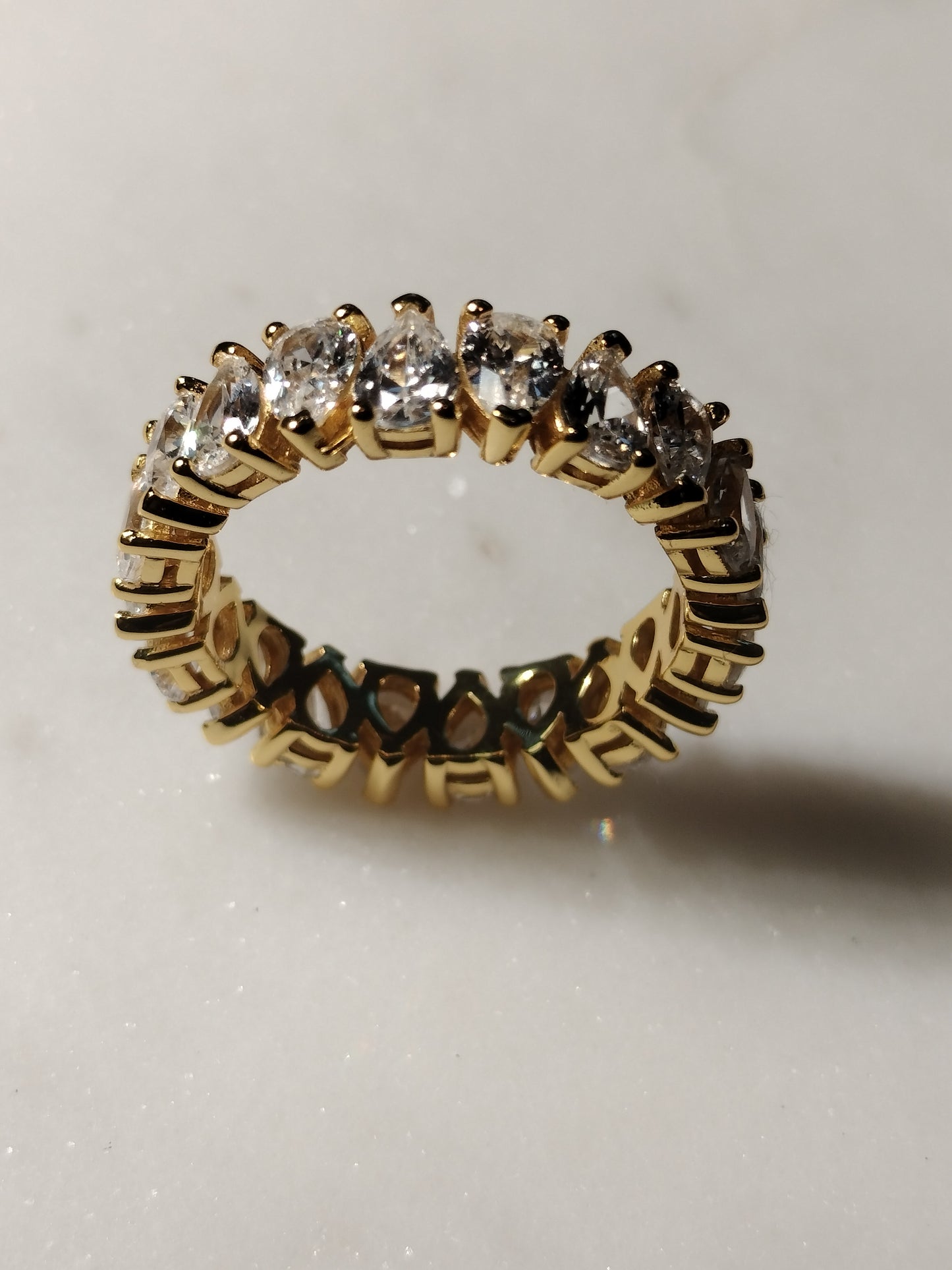 925 Sterling Silver 18K gold triple gold plated tear drop crystal ring in size 8.