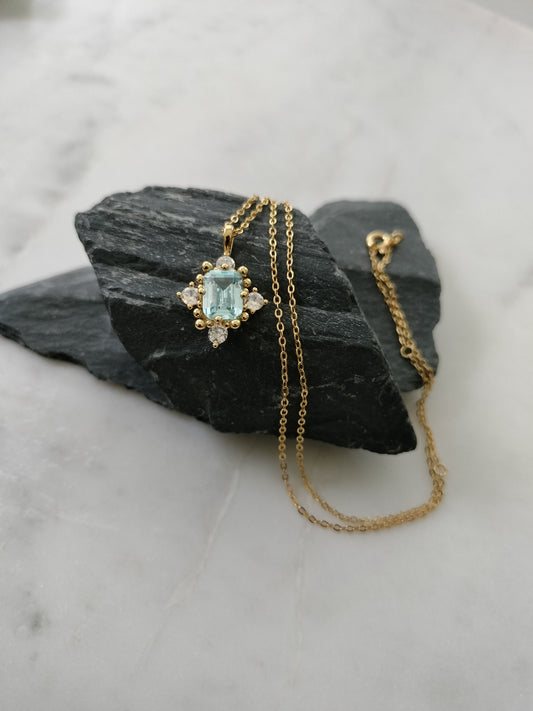 925 Sterling Silver 18k gold plated princess necklace with blue and white zirconia.