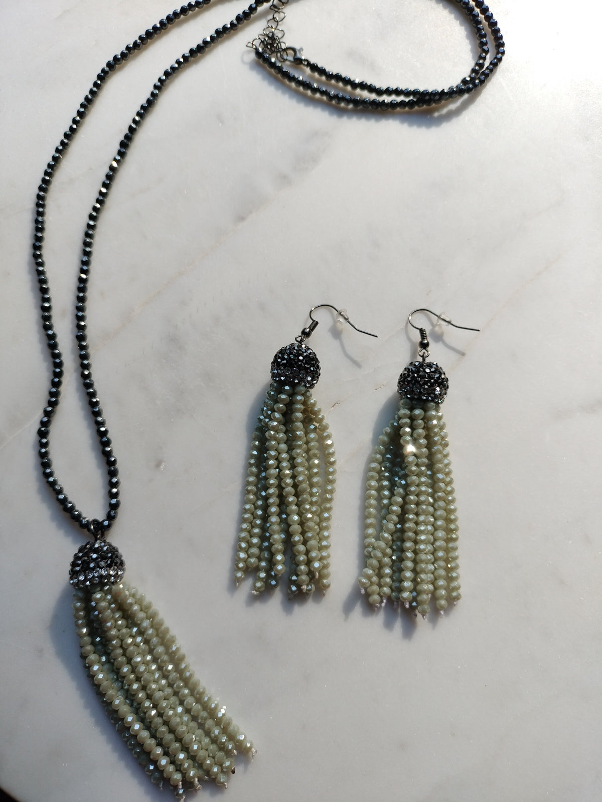 Charcoal and sage green beaded tassel earrings and necklace set