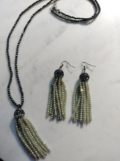 Charcoal and sage green beaded tassel earrings and necklace set