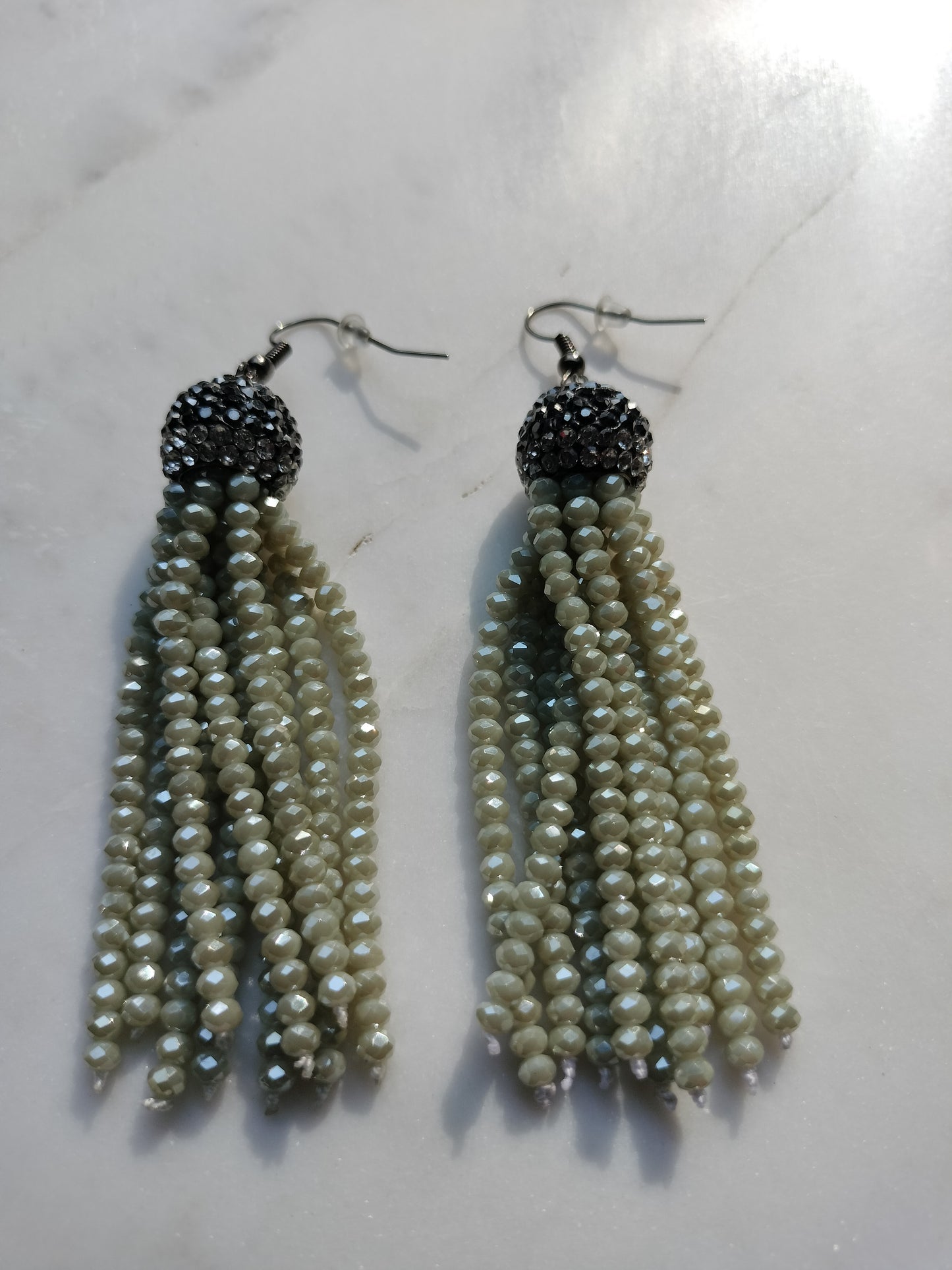 Charcoal and sage green beaded tassel earrings and necklace set
