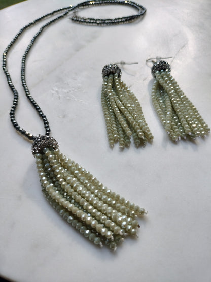 Charcoal and sage green beaded tassel earrings and necklace set