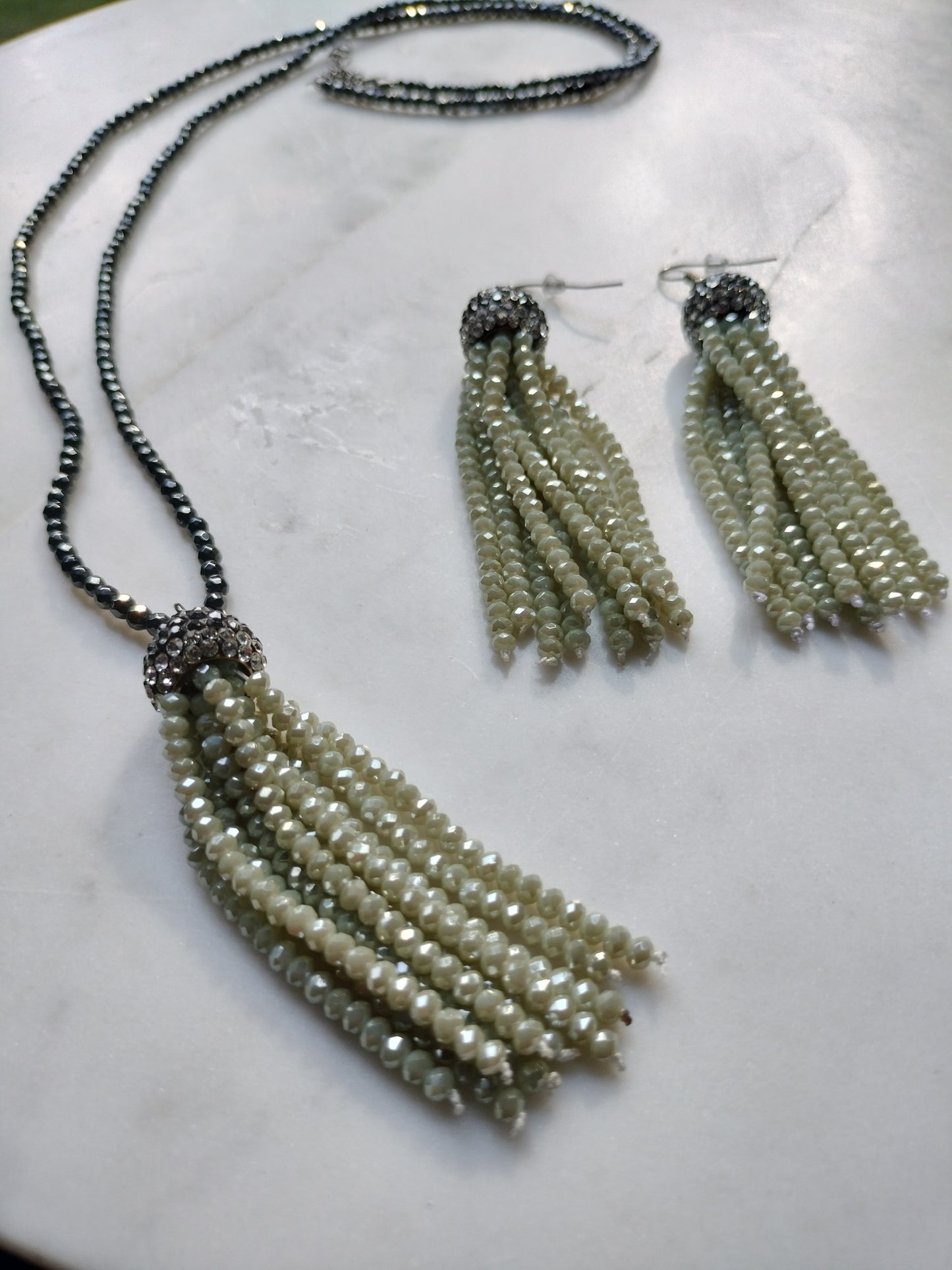 Charcoal and sage green beaded tassel earrings and necklace set
