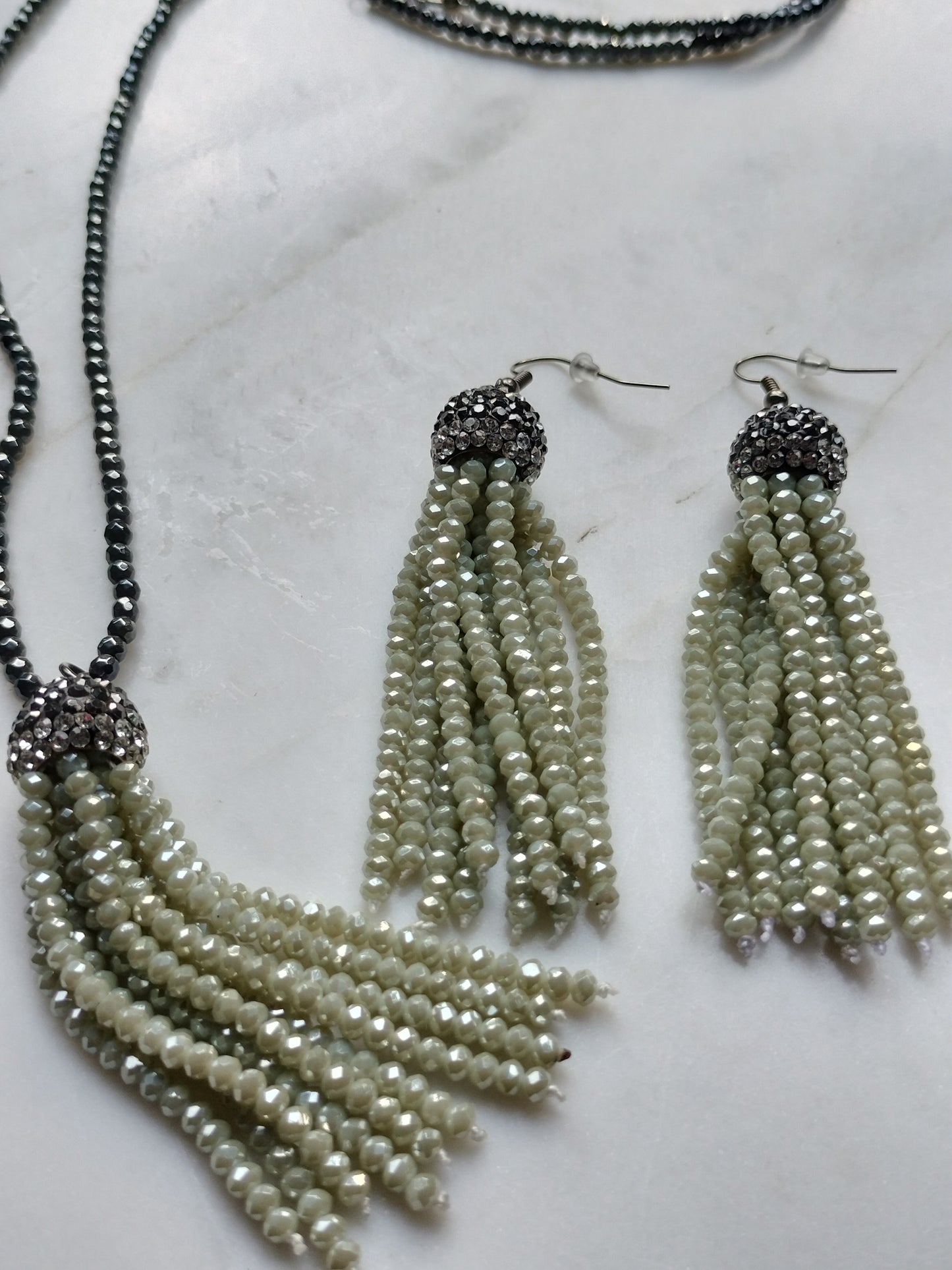 Charcoal and sage green beaded tassel earrings and necklace set