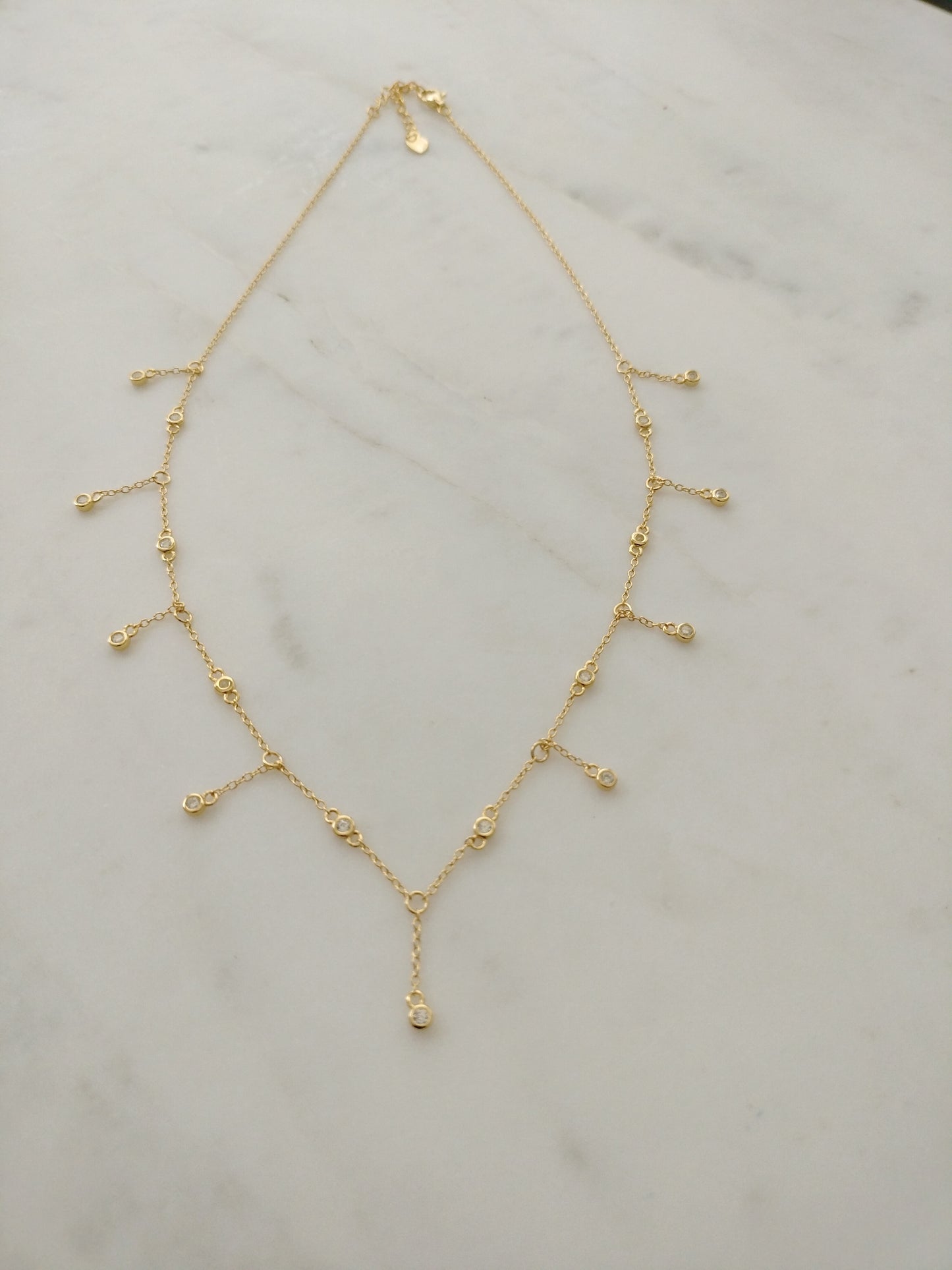 925 Sterling silver Sparkle drop necklace 18 karat gold-plated with hanging crystal pendants.