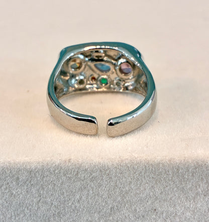 Silver crystal cluster ring