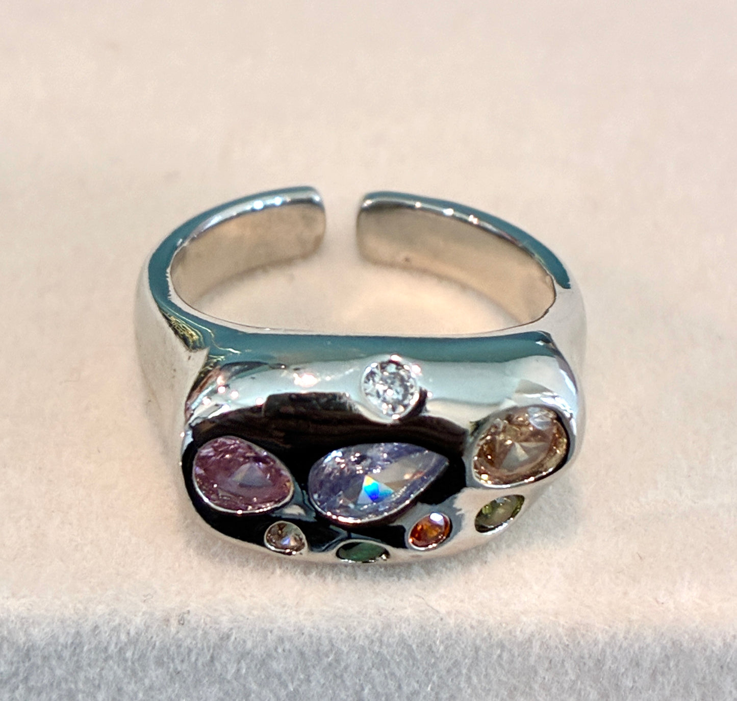 Silver crystal cluster ring