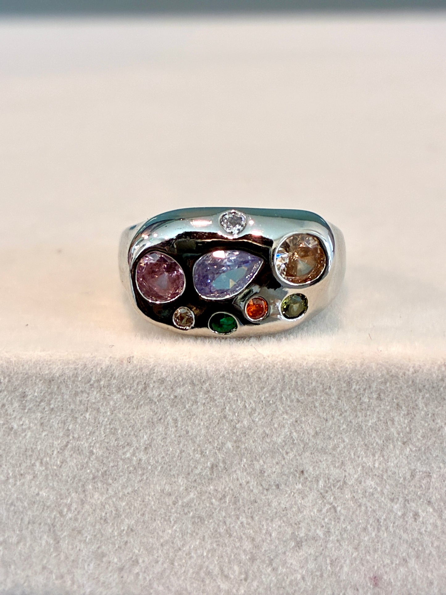 Silver crystal cluster ring