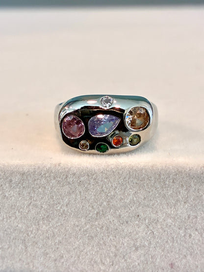 Silver crystal cluster ring