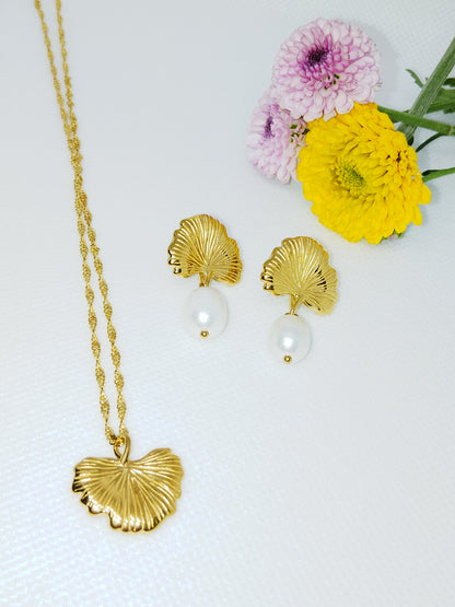 Dainty leaf earrings and necklace set. 18K gold triple plated stainless steel.