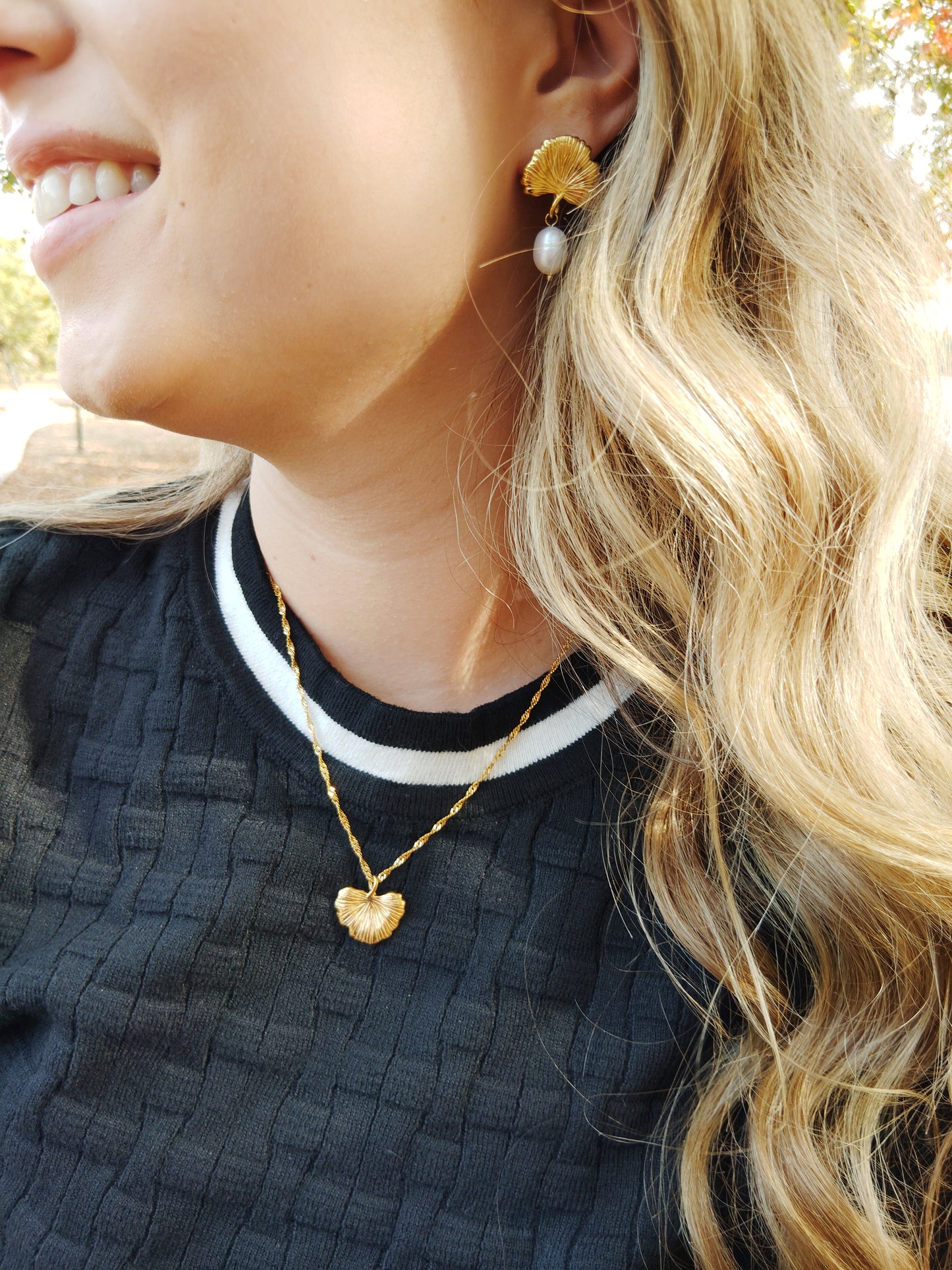Dainty leaf earrings and necklace set. 18K gold triple plated stainless steel.