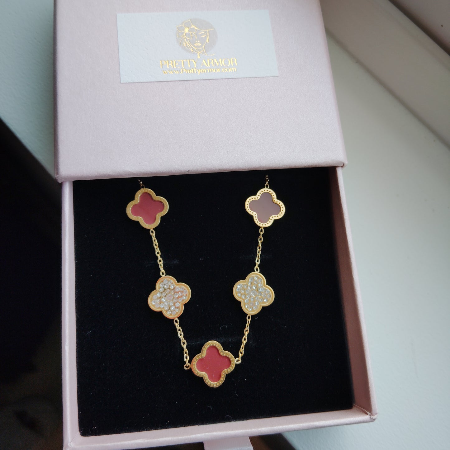 18K Gold PVD plated stainless steel red flower diamond bracelet.