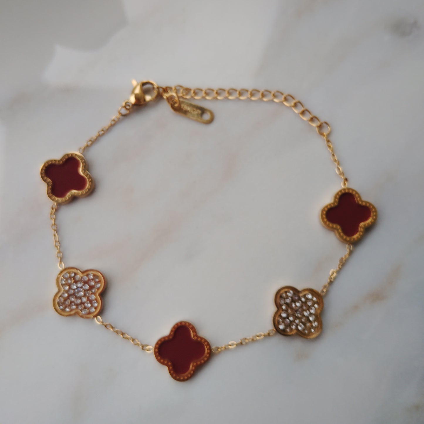 18K Gold PVD plated stainless steel red flower diamond bracelet.