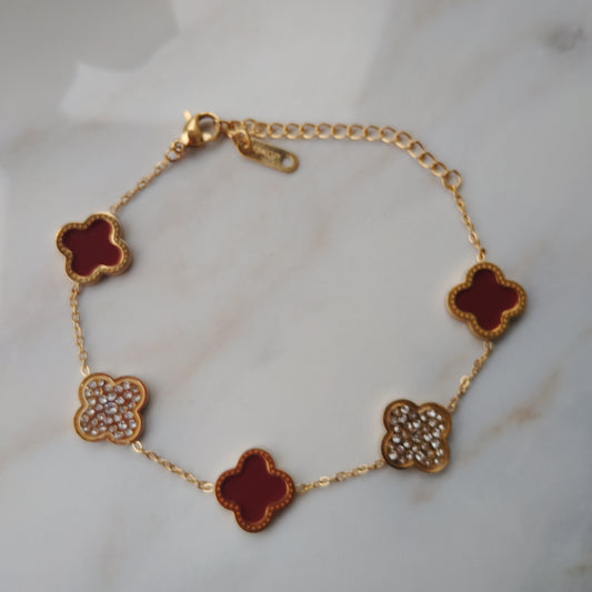 18K Gold PVD plated stainless steel red flower diamond bracelet.