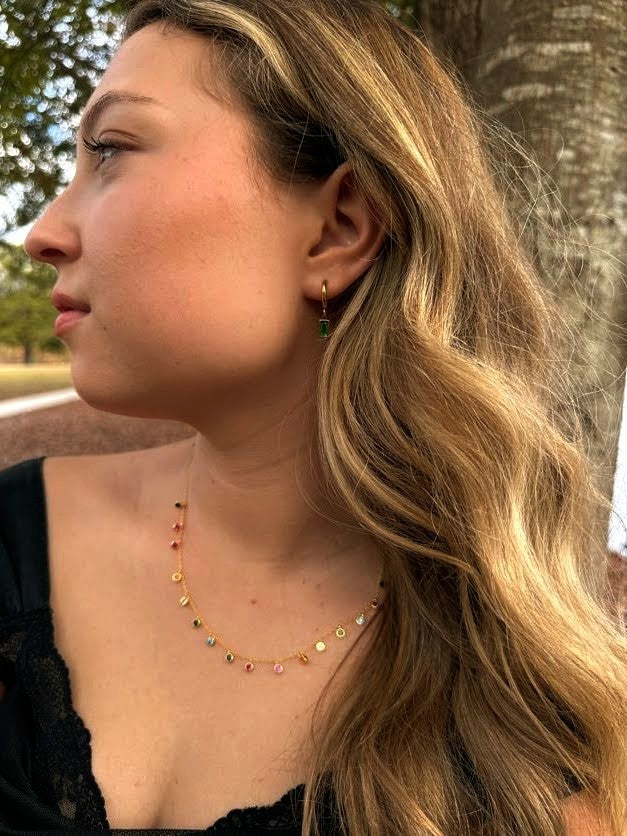 Green square drop earrings.18k    gold triple plated stainless steel.