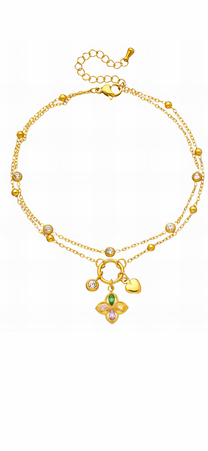 Heart and flower charm anklet