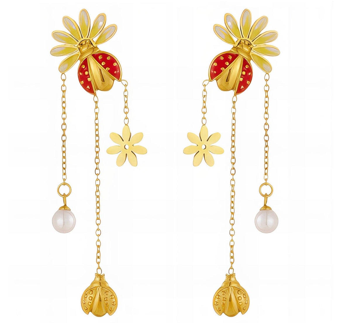 Ladybug and pearl earrings.