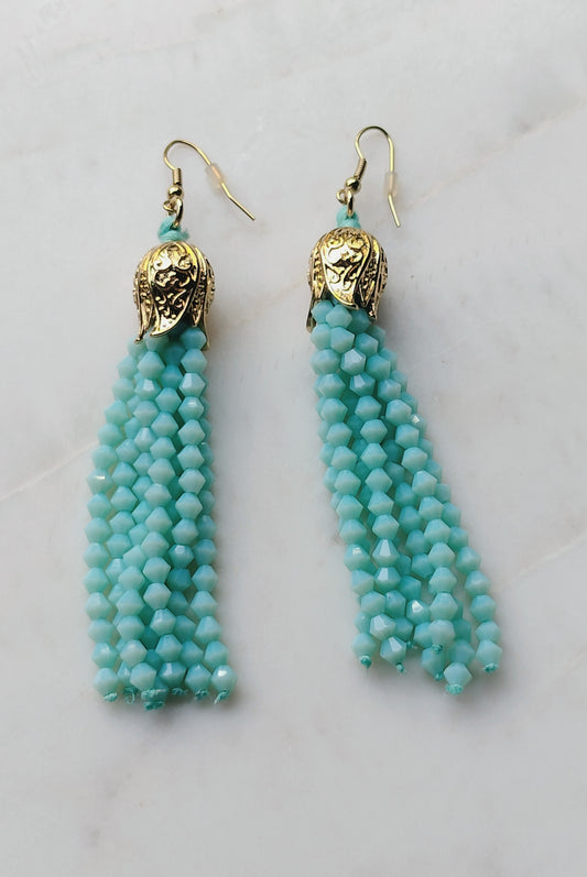 Elegant gold and light blue tassel beaded earrings
