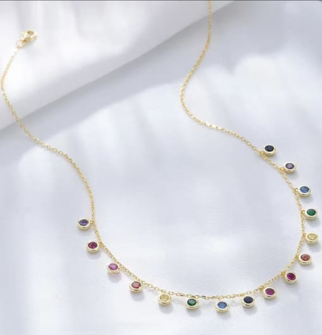 925 Sterling silver, 18 karat gold plated multicolor cubic zirconia necklace
