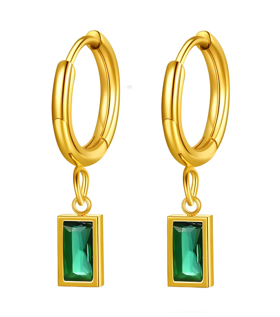 Green square drop earrings.18k    gold triple plated stainless steel.