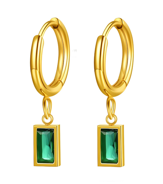 Green square drop earrings.18k gold triple plated stainless steel.