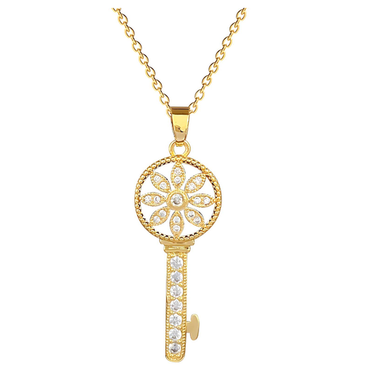 Floral key necklace. 18K triple gold plated stainless steel.