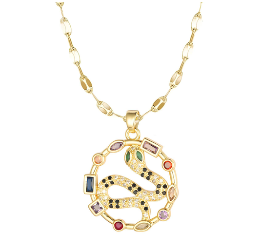 Multicolored snake pendant necklace. 18K triple gold plated stainless steel.18 inches long.