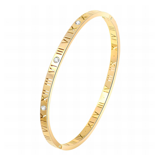 Roman numeral and cubic zirconia cuff bracelet. 18K gold triple gold plated stainless steel.Highest quality.