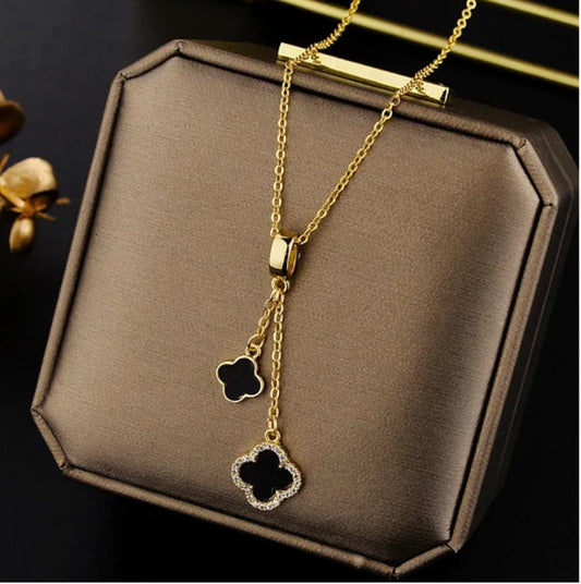 18k Gold PVD plated stainless steel black hanging flowers necklace